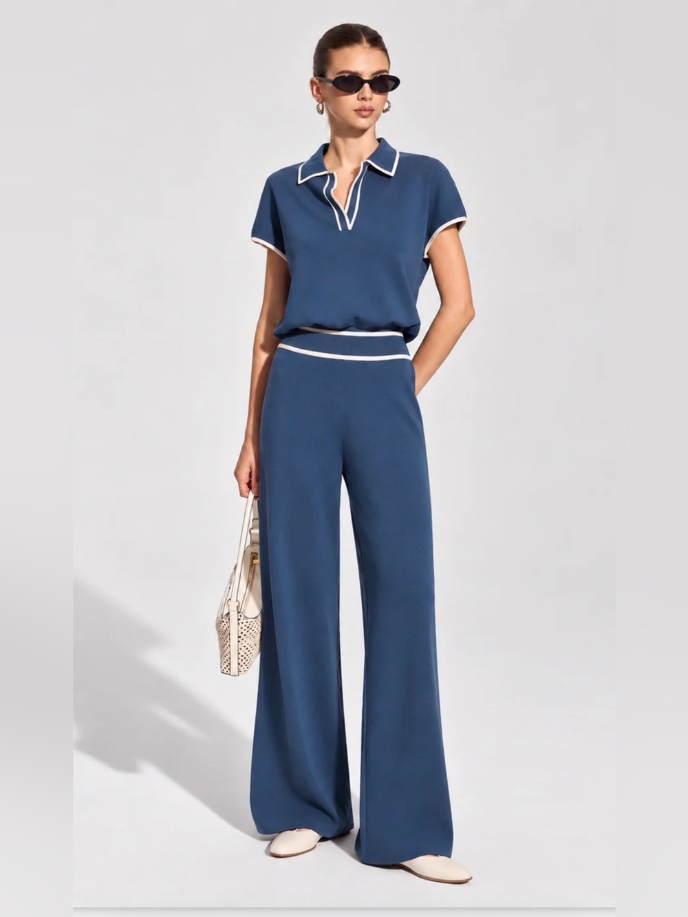 Commense Navy Wide-Leg Knit Jumpsuit with White Trim